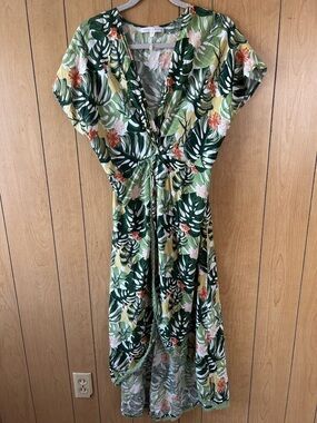 Maxi Dress Cover UpTropical Green Floral -Wrap-Front